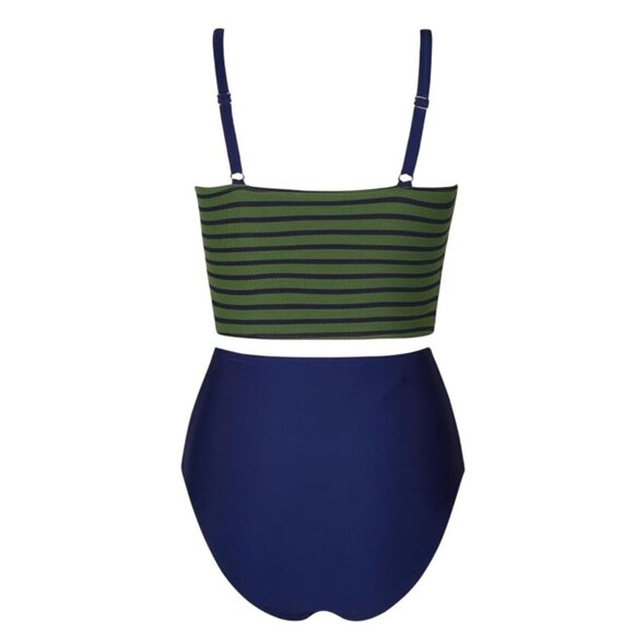 Cupshe Women’s 2-Piece Swimsuit M Green Blue Striped Crop Top High Waisted Bikin - Picture 5 of 9